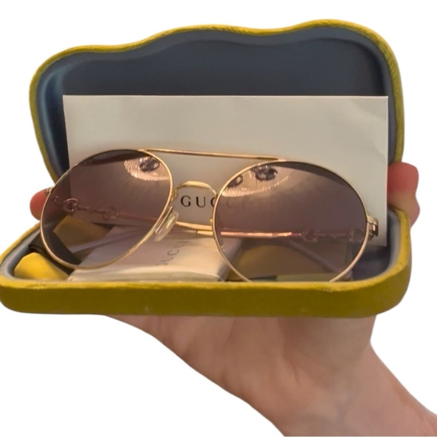 Gucci GG Horsebit Aviator Sunglasses Gold Frame with Gradient Lenses NEW
