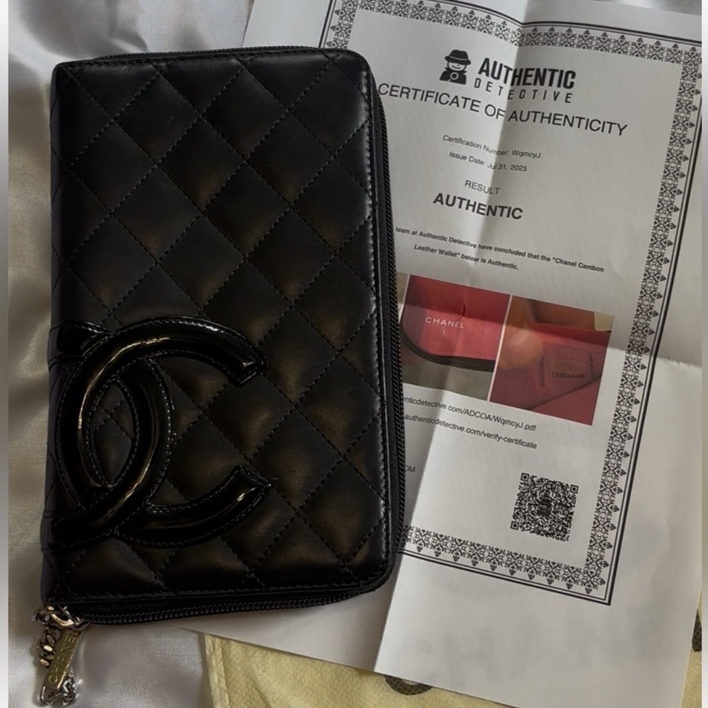 CHANEL Cambon Ligne Zip Wallet Organizer Black Quilted Leather Hot Pink