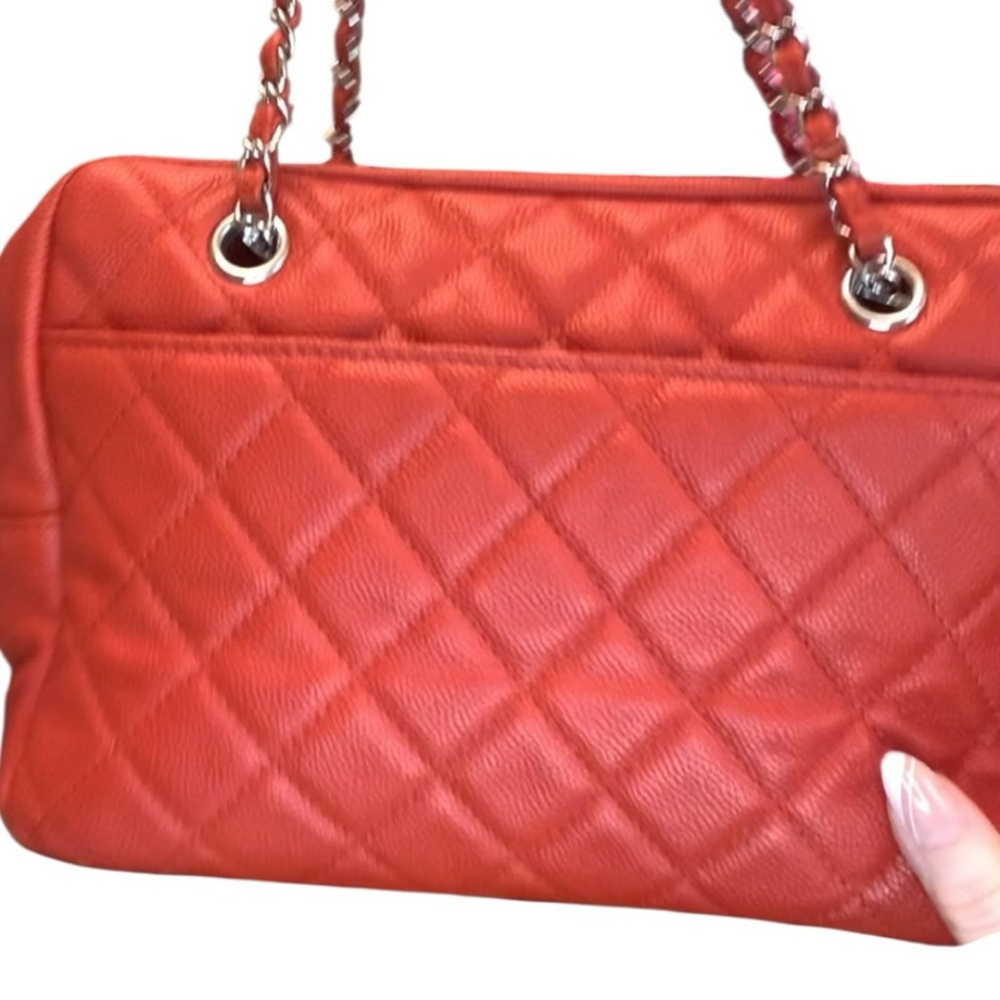 Chanel Orange Quilted Caviar Leather Shoulder Bag Silver Hardware
