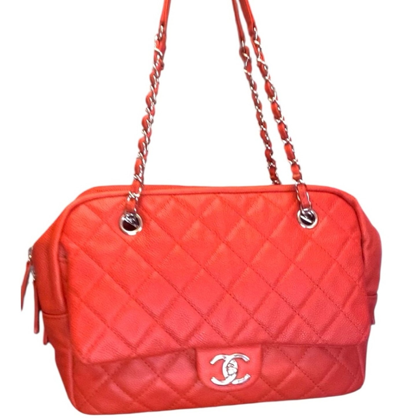 Chanel Orange Quilted Caviar Leather Shoulder Bag Silver Hardware