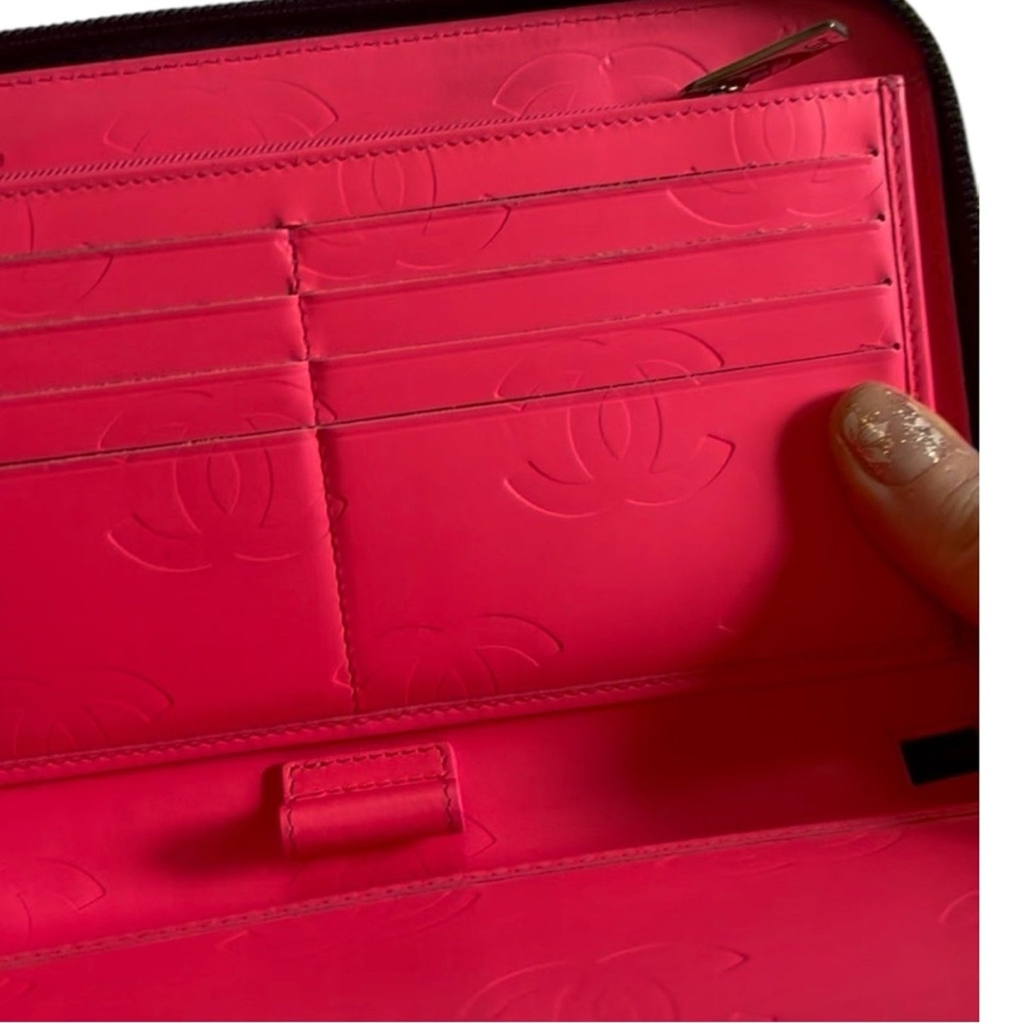 CHANEL Cambon Ligne Zip Wallet Organizer Black Quilted Leather Hot Pink