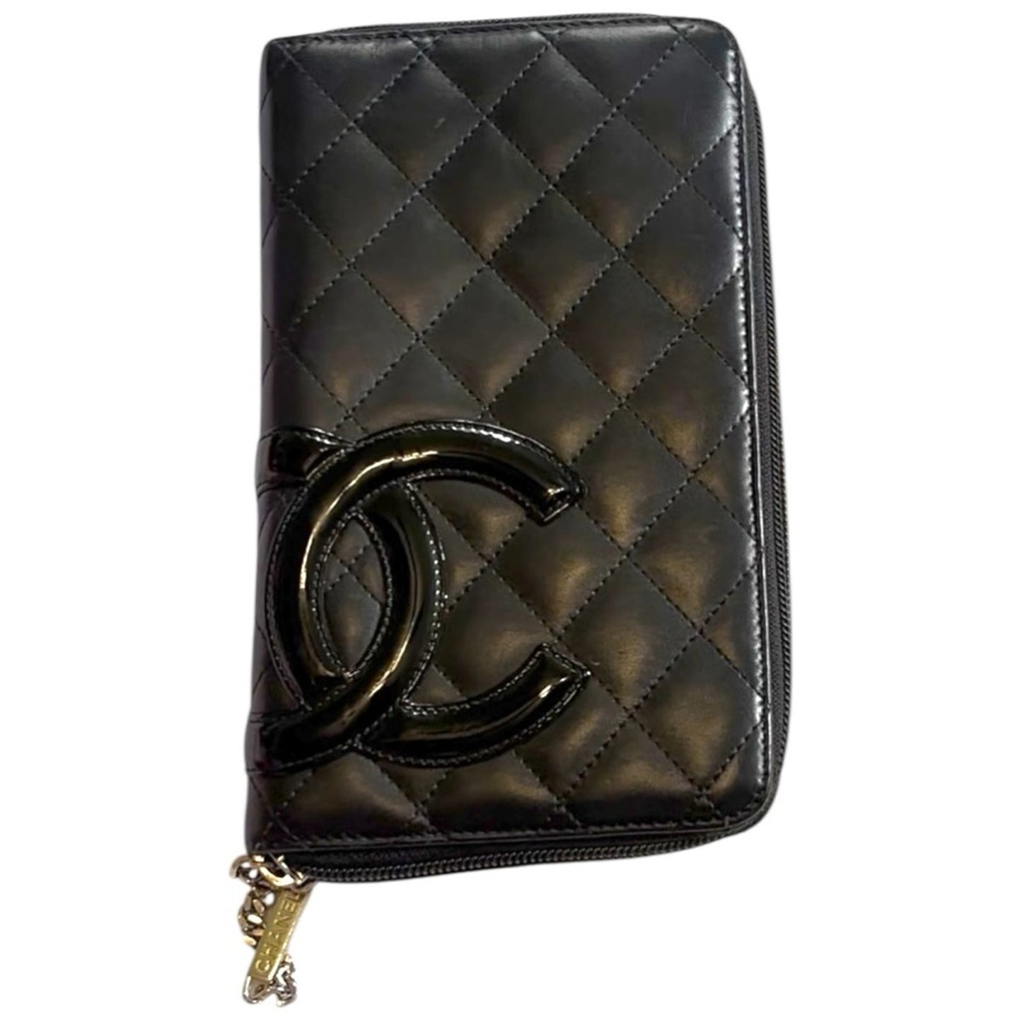 CHANEL Cambon Ligne Zip Wallet Organizer Black Quilted Leather Hot Pink