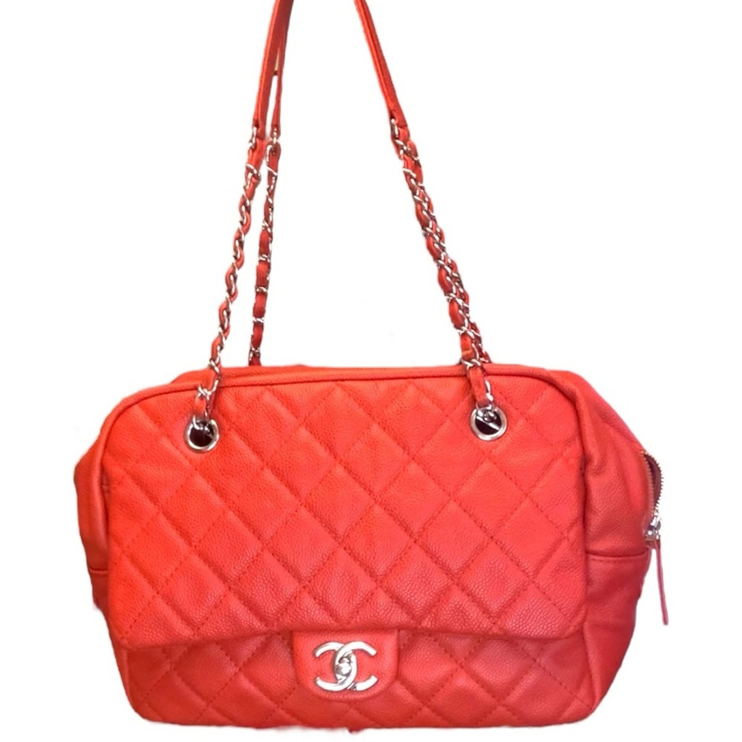 Chanel Orange Quilted Caviar Leather Shoulder Bag Silver Hardware