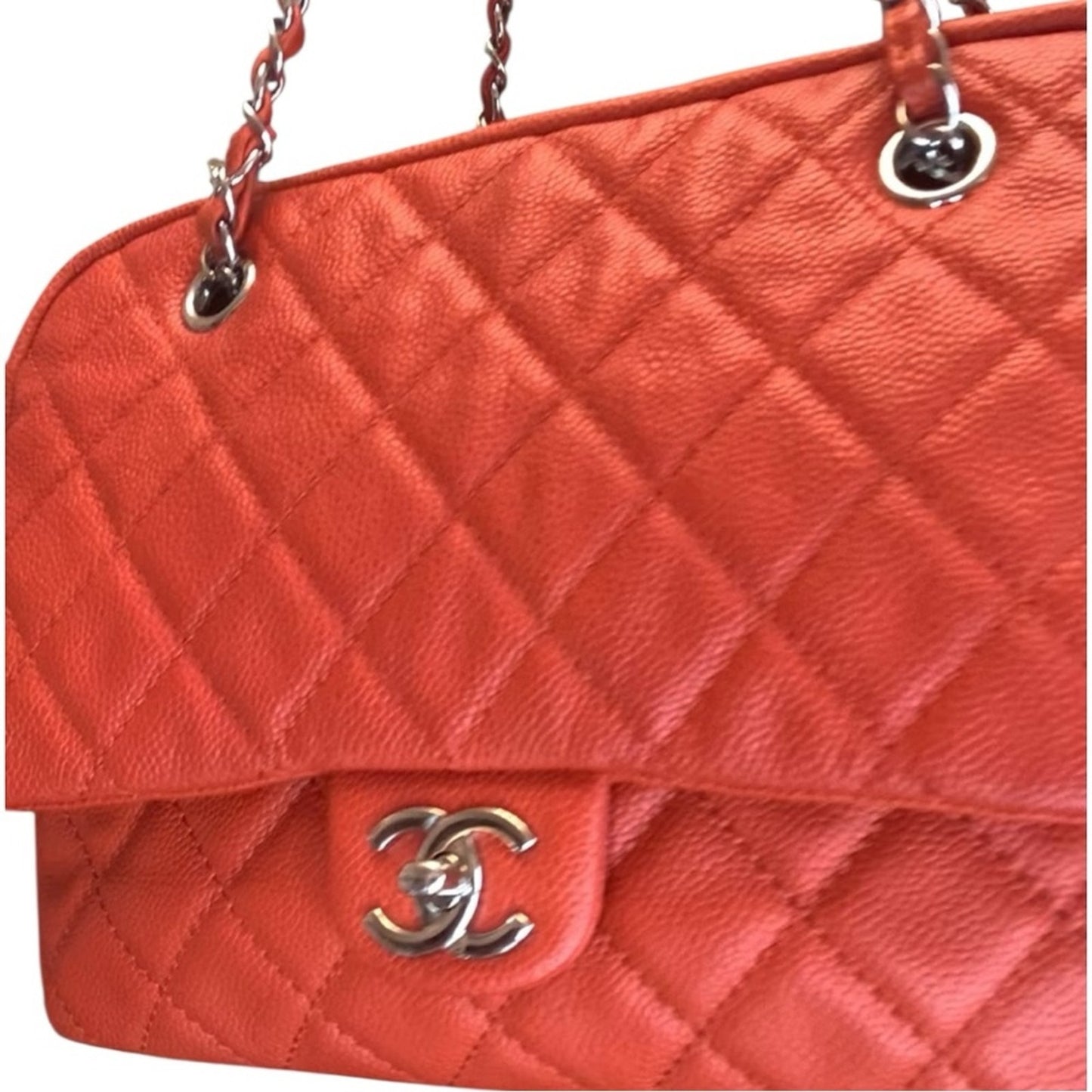 Chanel Orange Quilted Caviar Leather Shoulder Bag Silver Hardware