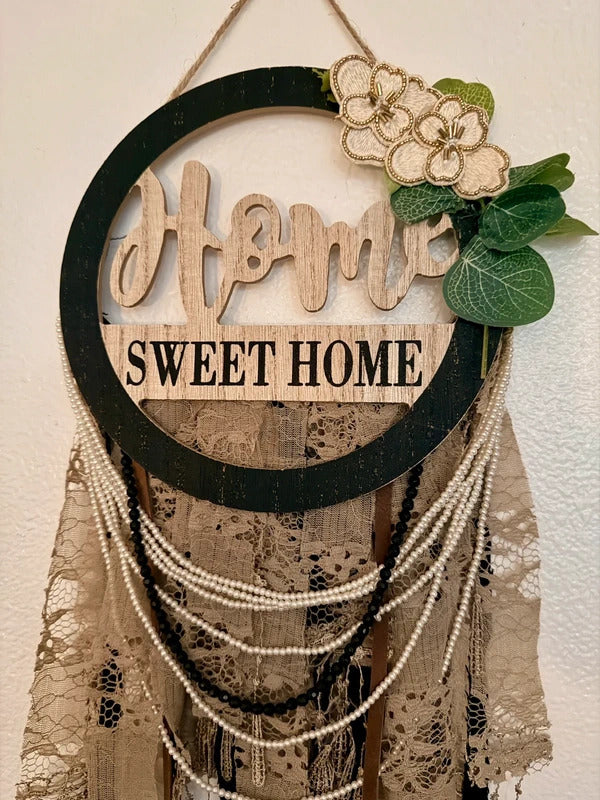 Rustic Boho Farmhouse Home Sweet Home Lace Pearl Wall Hanging New