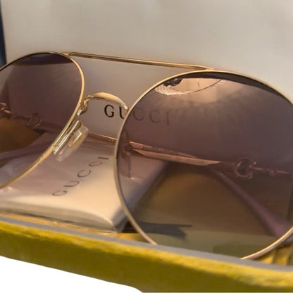 Gucci GG Horsebit Aviator Sunglasses Gold Frame with Gradient Lenses NEW