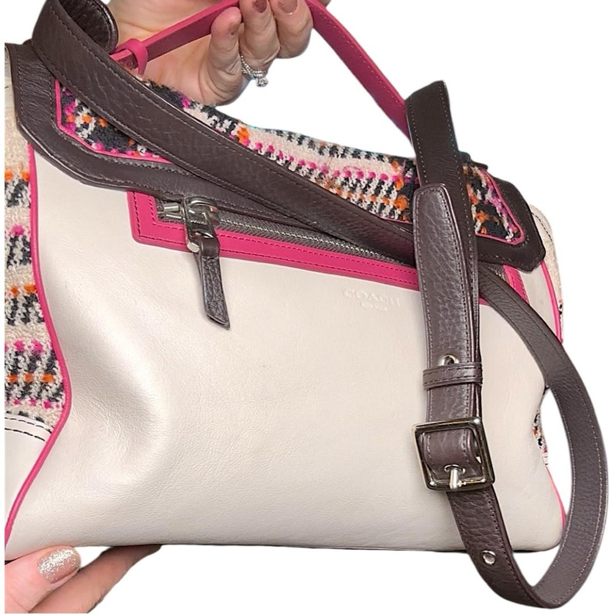 Coach Tweed Plaid Leather Turnlock Satchel Pink Black Cream Shoulder Bag