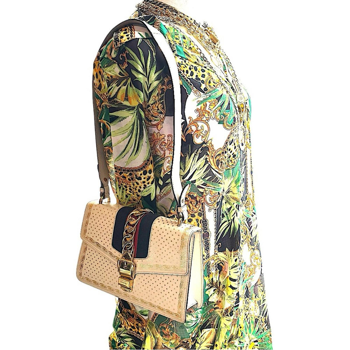 Gucci Sylvie Printed Leather Shoulder Bag White Gold Stars