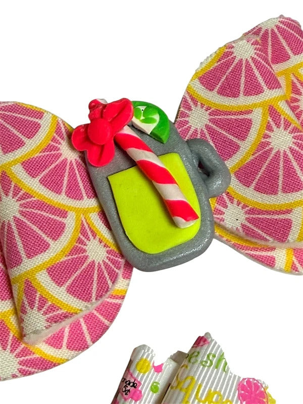 Lemonade Theme Pink Citrus Hair Bow and Chunky Bead Bracelet Set skuQ