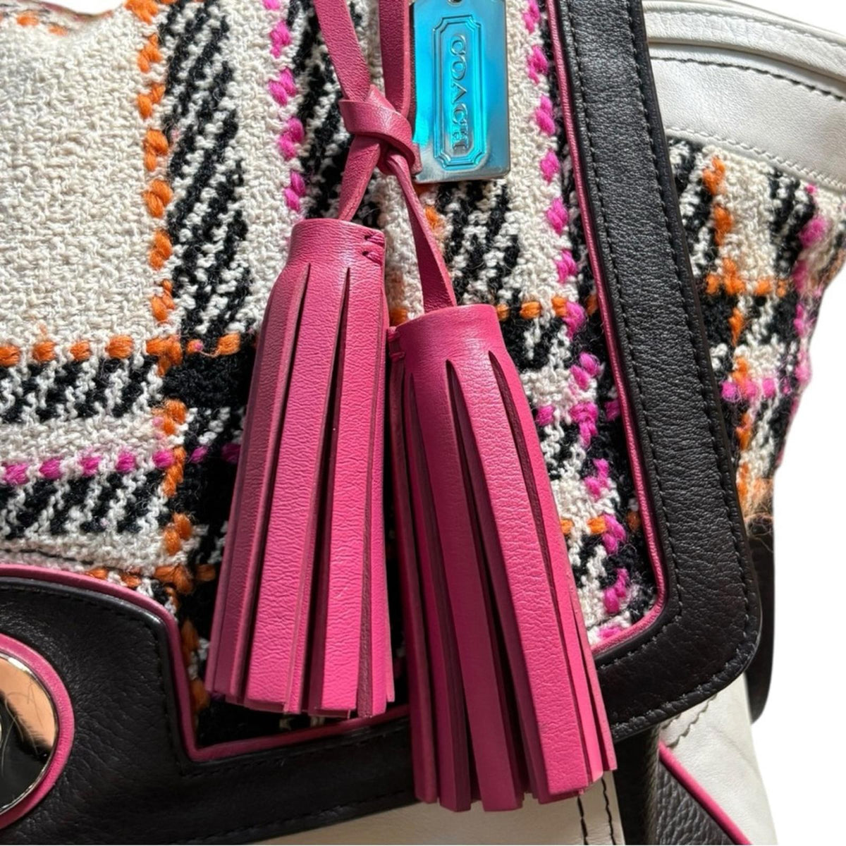 Coach Tweed Plaid Leather Turnlock Satchel Pink Black Cream Shoulder Bag