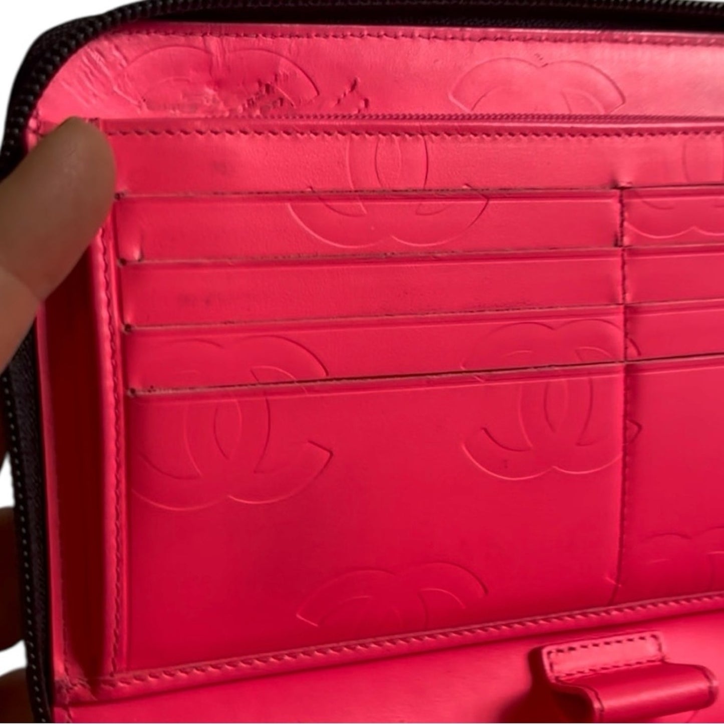 CHANEL Cambon Ligne Zip Wallet Organizer Black Quilted Leather Hot Pink