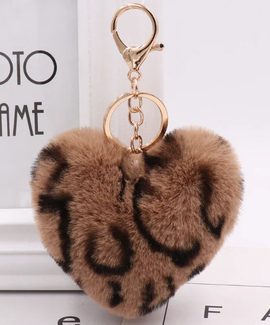 Leopard Print Plush Heart Keychain