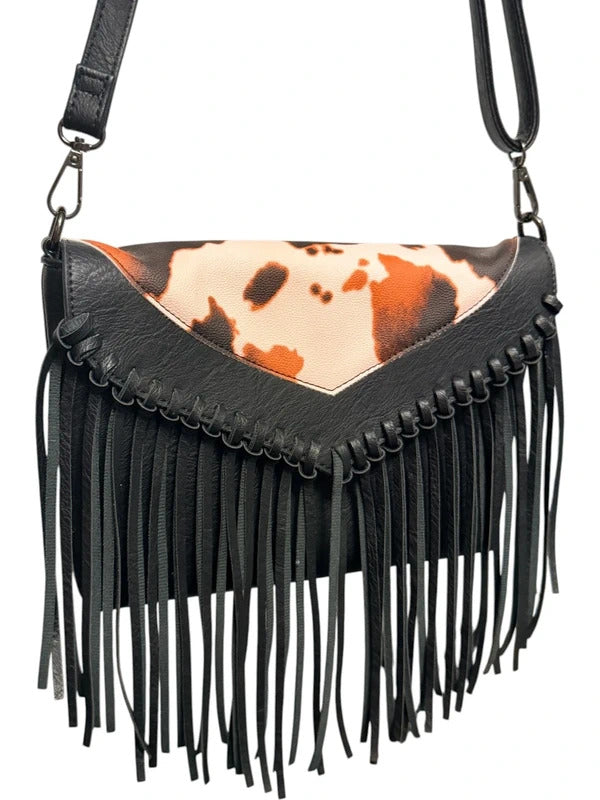 Western Cow Print Fringe Crossbody Bag Black Orange Brown Boho