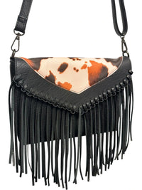 Western Cow Print Fringe Crossbody Bag Black Orange Brown Boho