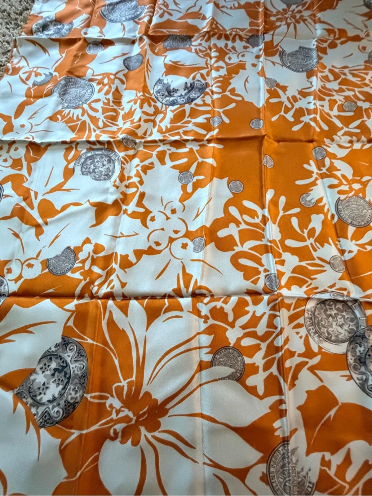 Celine Silk Scarf Orange & White Print with COA