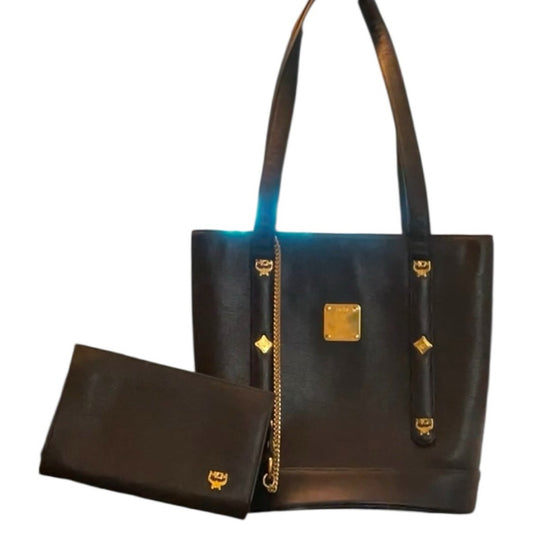 MCM Black Visetos Structured Tote Bag + Matching Pouch