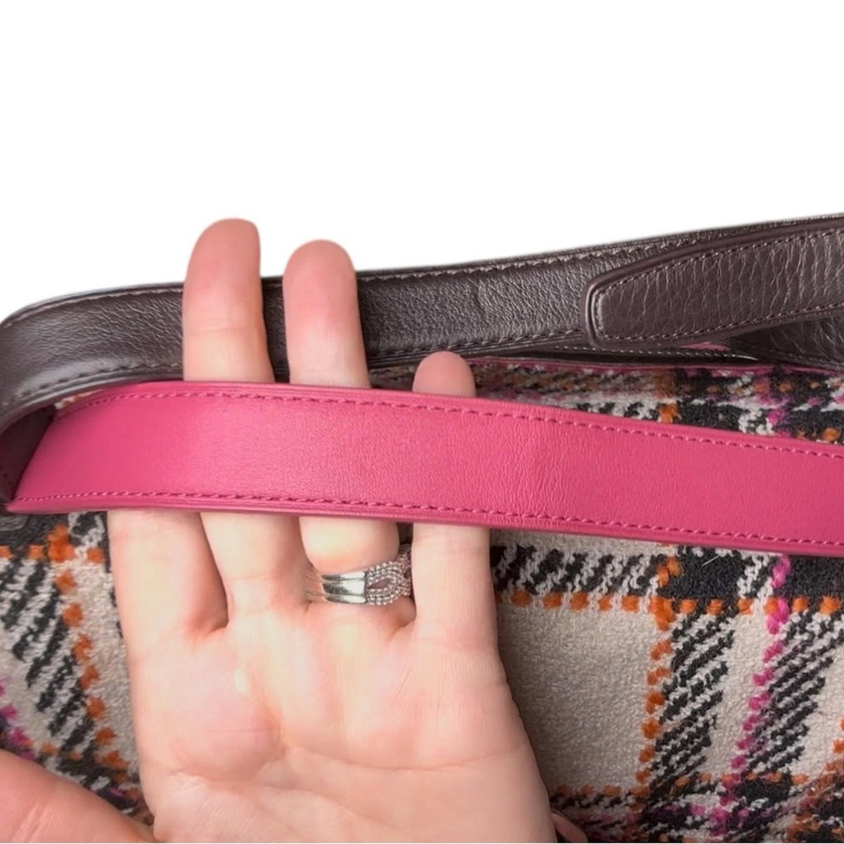 Coach Tweed Plaid Leather Turnlock Satchel Pink Black Cream Shoulder Bag