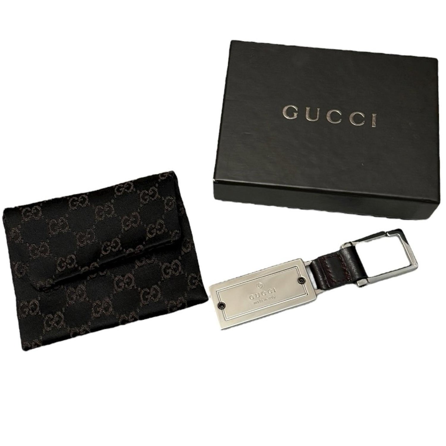 Gucci Silver Metal Leather Keychain with Box & Pouch