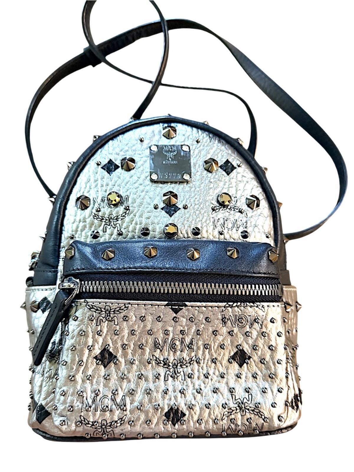 MCM Metallic Silver Studded Mini Backpack with Black Trim