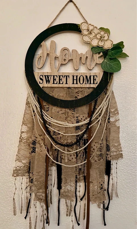 Rustic Boho Farmhouse Home Sweet Home Lace Pearl Wall Hanging New