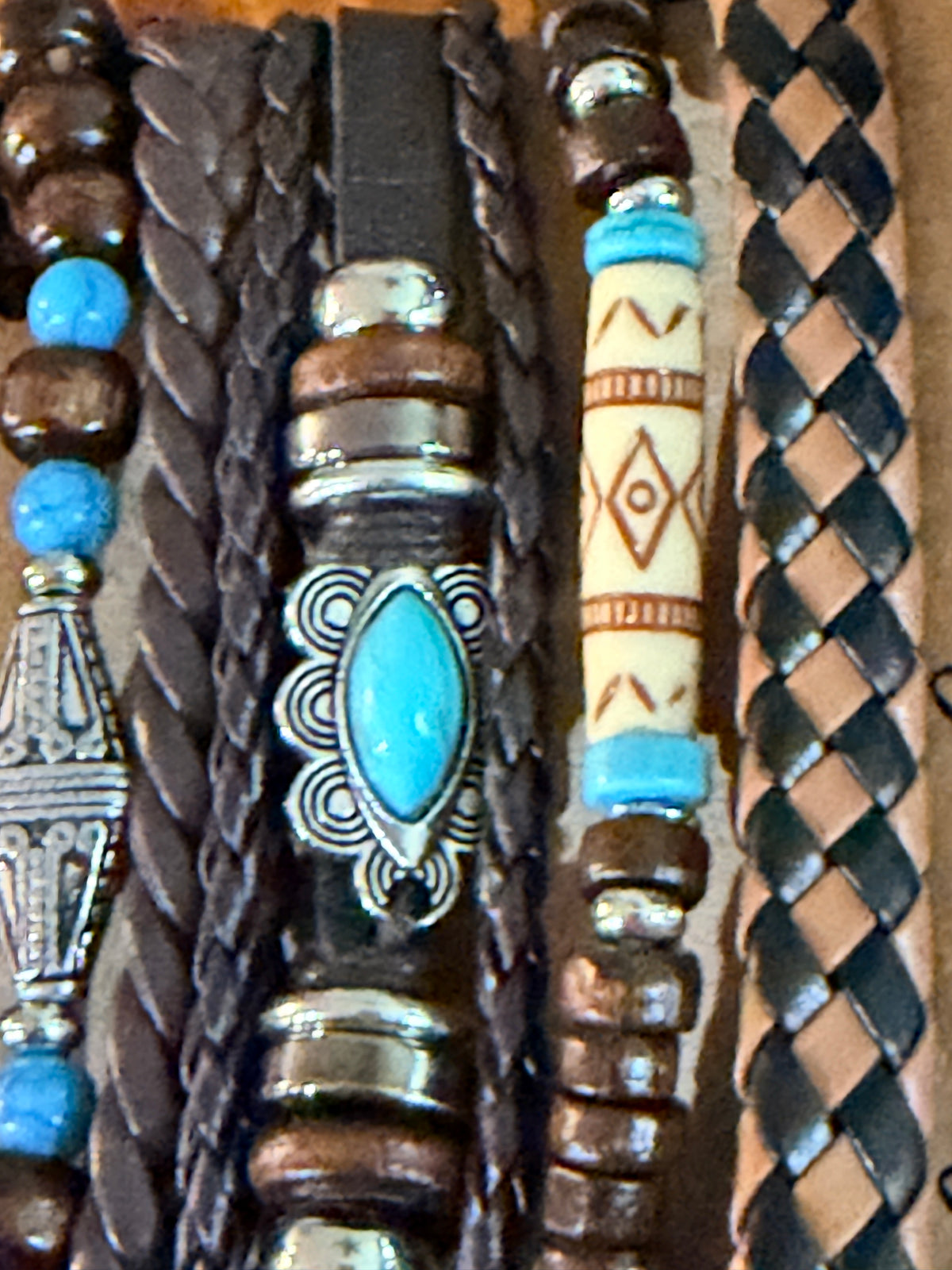 Set of 6 Boho Western Turquoise Faux Leather Bracelet Set Wood Beads Stackable Fashion Jewelry sku003