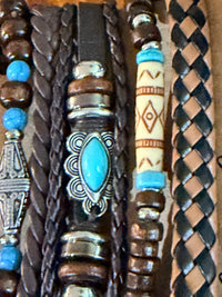 Set of 6 Boho Western Turquoise Faux Leather Bracelet Set Wood Beads Stackable Fashion Jewelry sku003