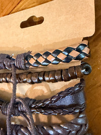 Set of 6 Boho Western Turquoise Faux Leather Bracelet Set Wood Beads Stackable Fashion Jewelry sku003