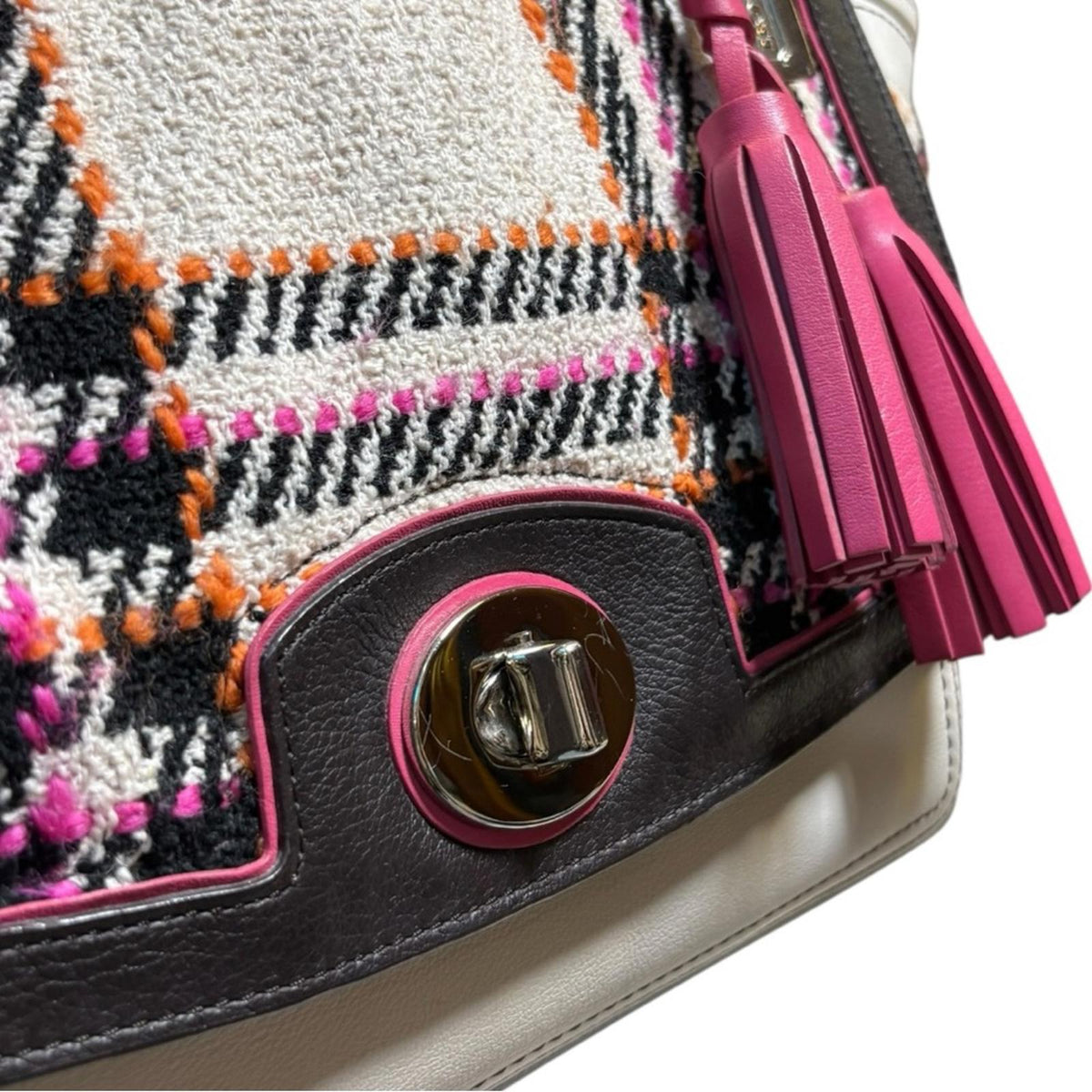 Coach Tweed Plaid Leather Turnlock Satchel Pink Black Cream Shoulder Bag