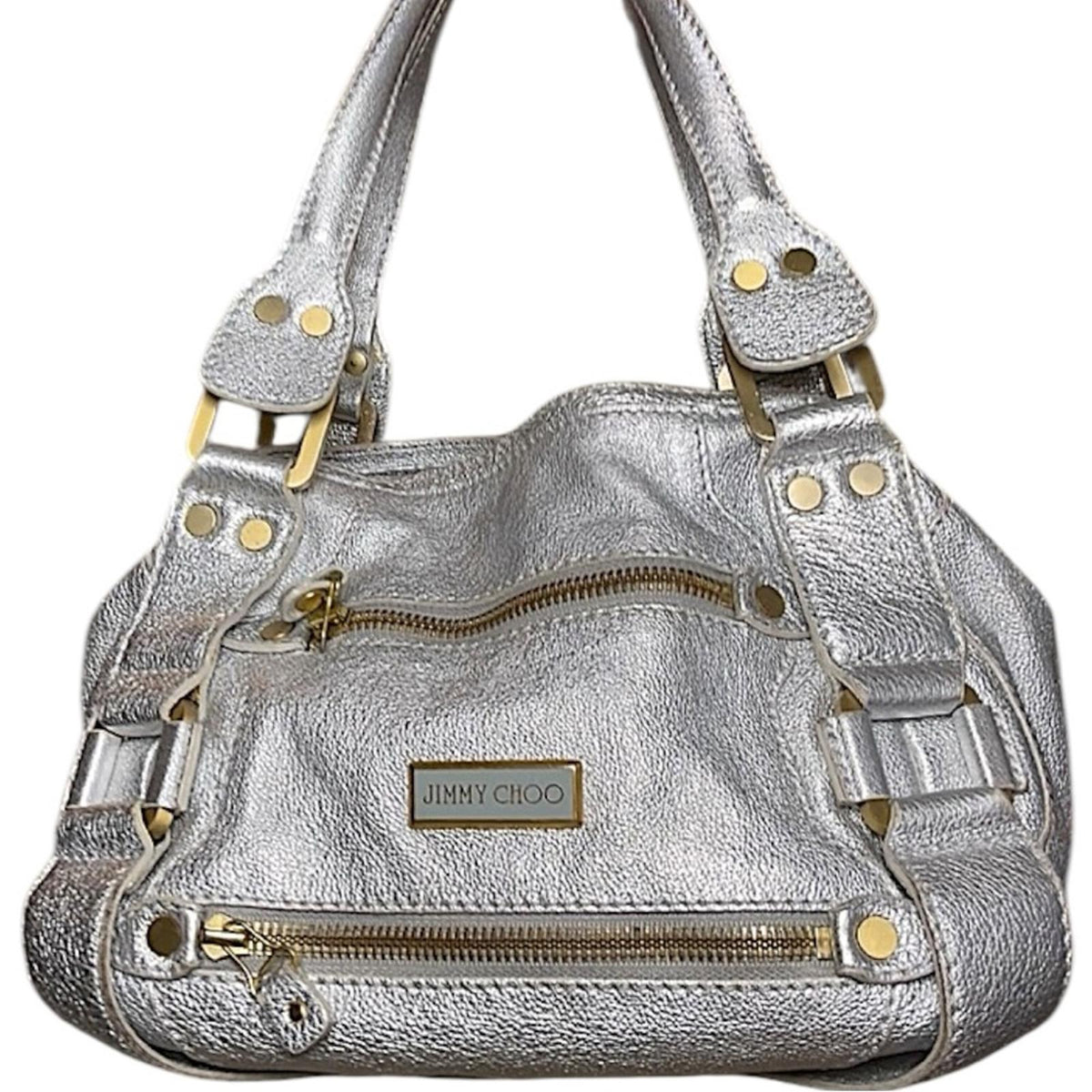 Jimmy Choo Mahala Tote Metallic Silver Leather Gold Hardware