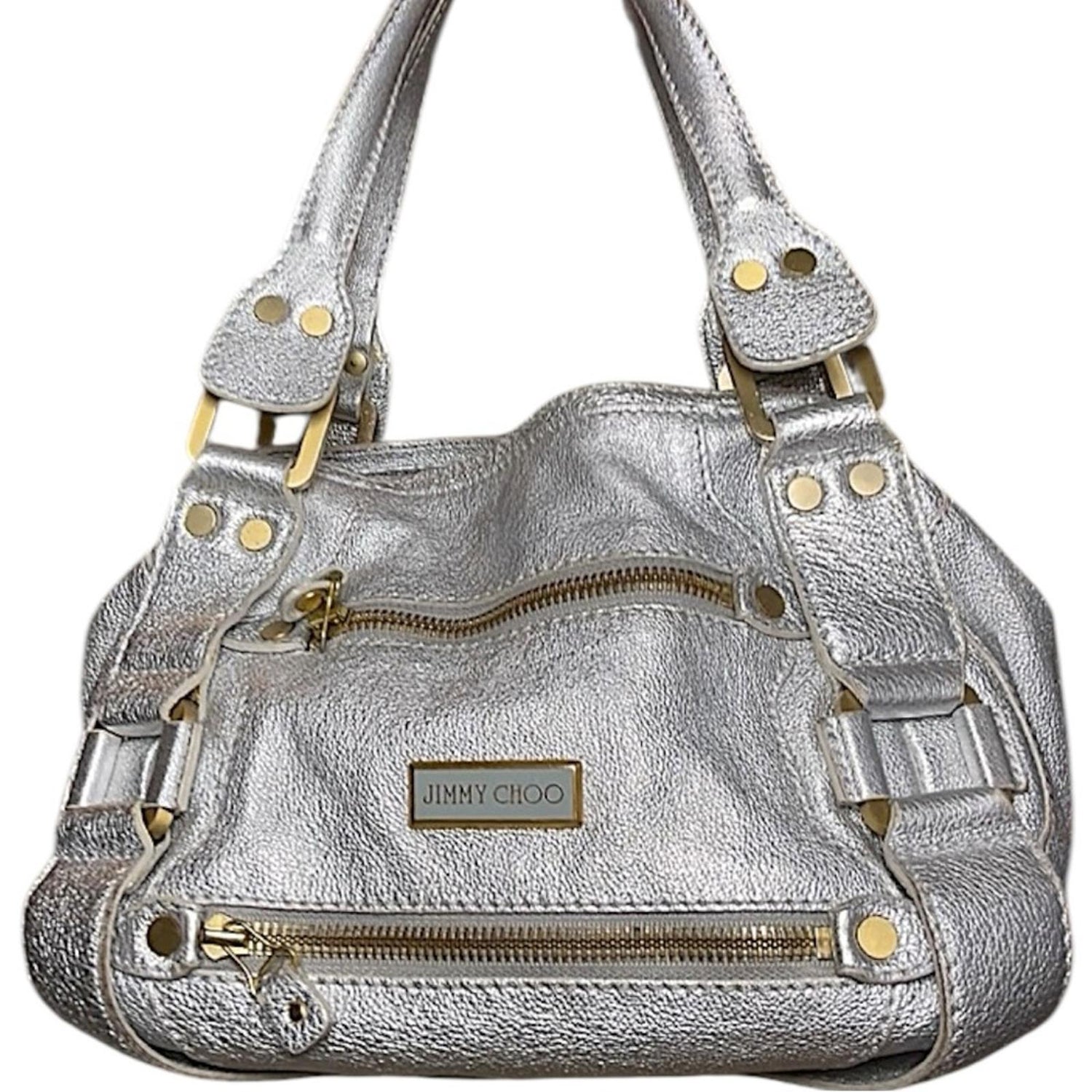 Jimmy Choo Mahala Tote Metallic Silver Leather Gold Hardware