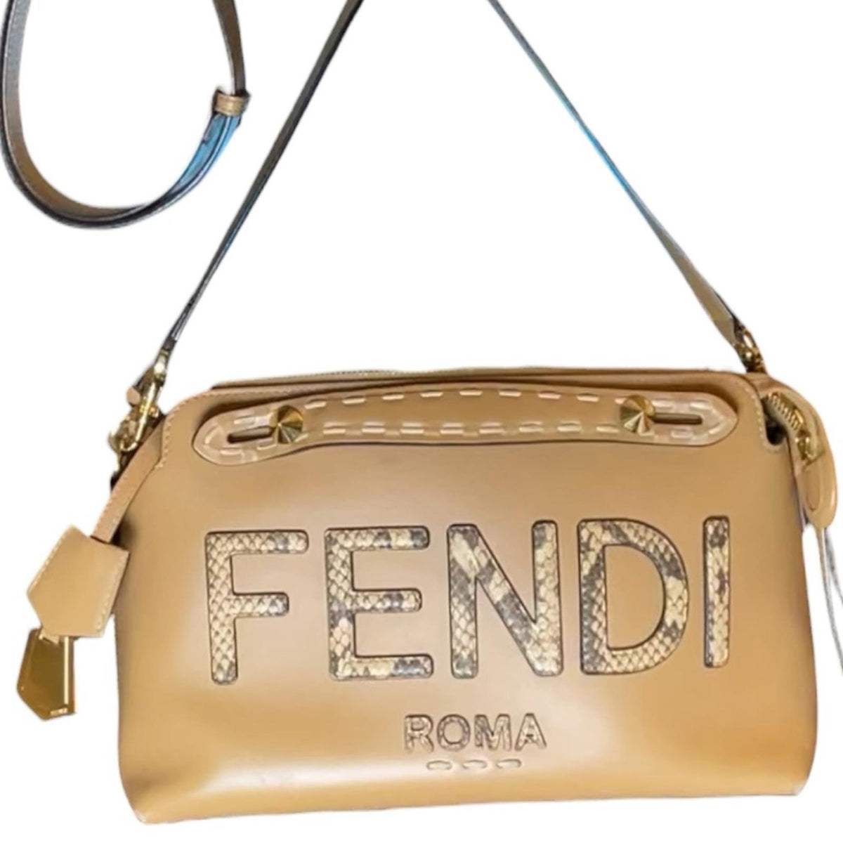 Fendi By The Way Medium Logo Python-Trim Leather Satchel Tan