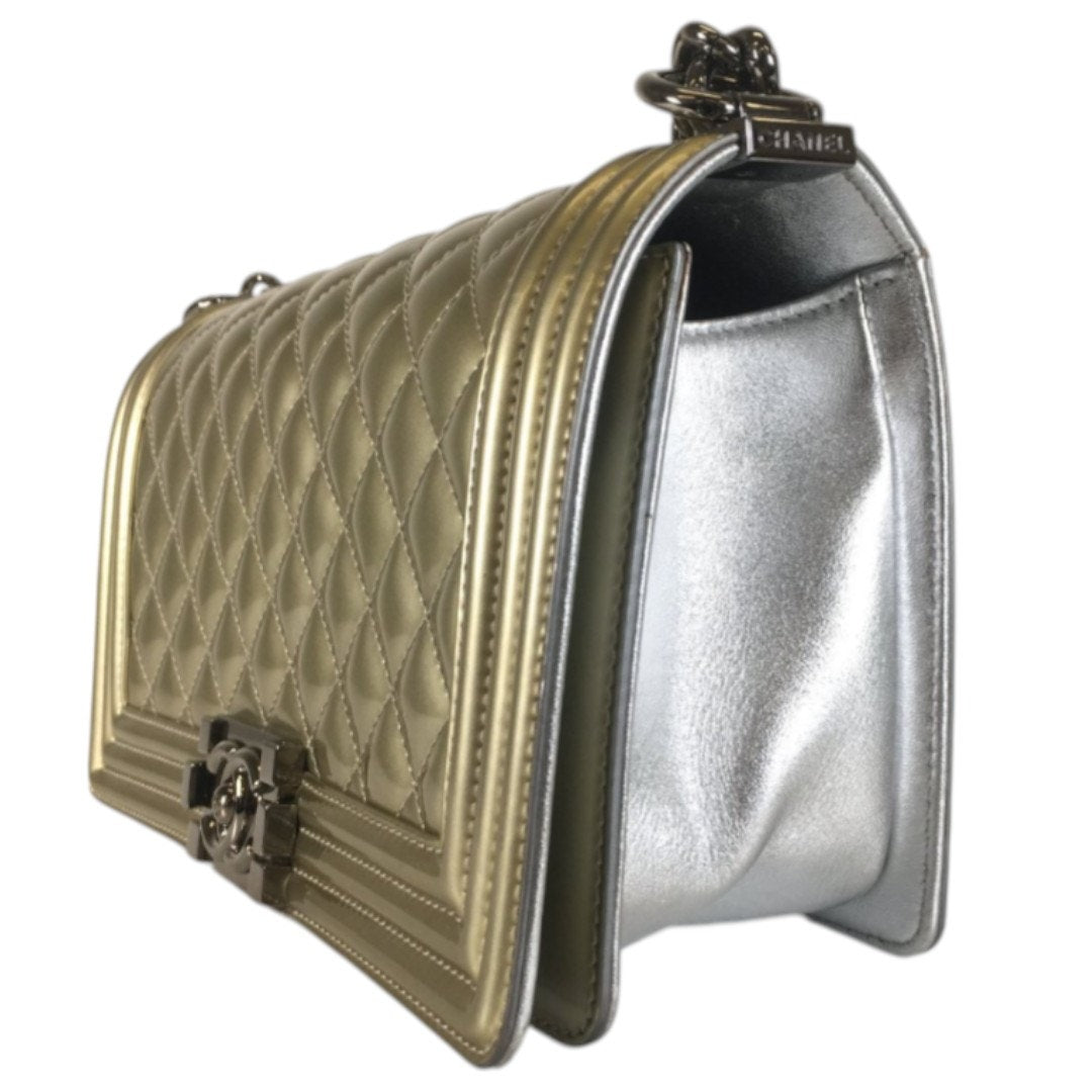 CHANEL Metallic Gold Quilted Boy Bag Crossbody with COA