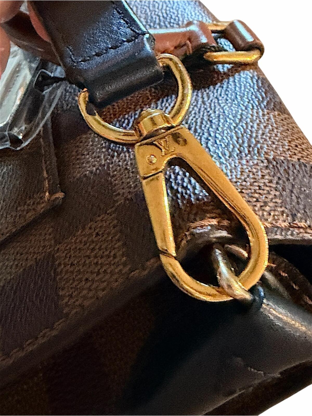 Louis Vuitton Brown Damier Ebene Satchel with Black Front Panel and Tan Handle