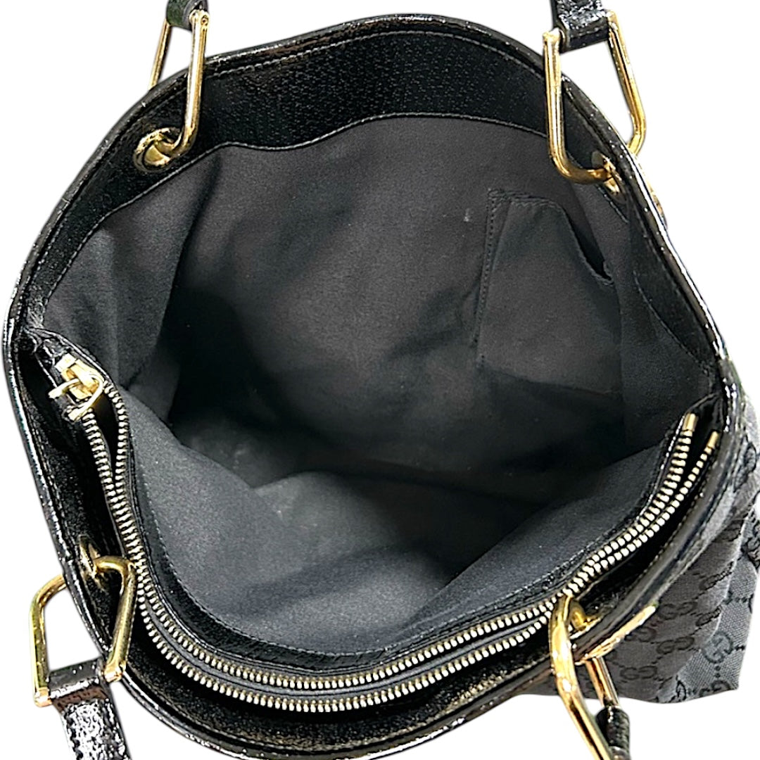Gucci Black GG Canvas Tote Bag with Patent Trim