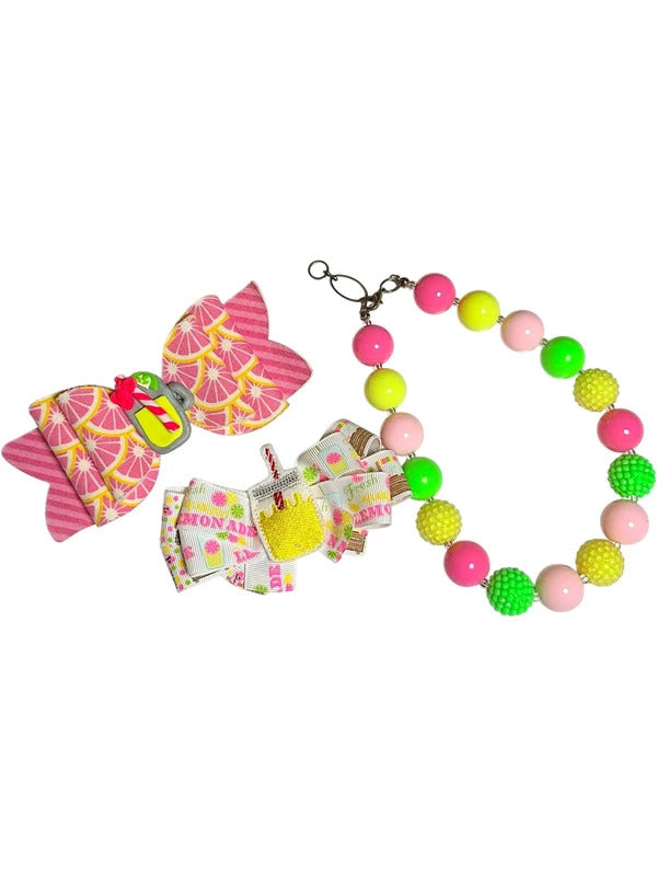 Lemonade Theme Pink Citrus Hair Bow and Chunky Bead Bracelet Set skuQ