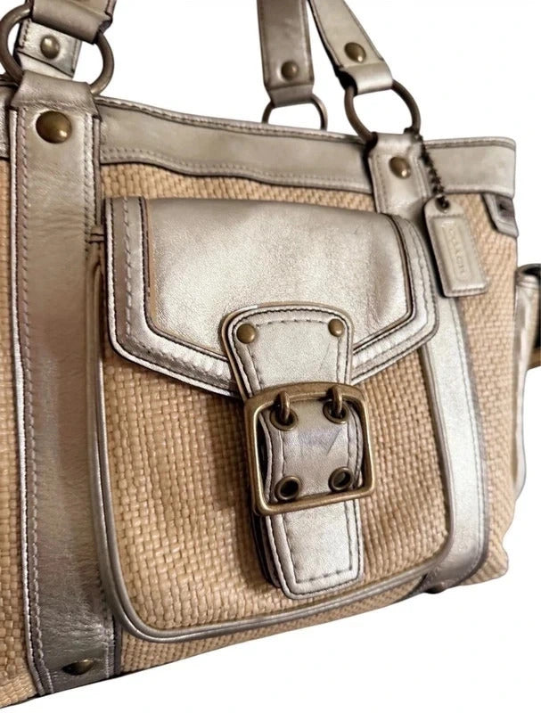 Coach Legacy Vintage Straw Shoulder Bag Metallic Gold Leather Woven Raffia 1310