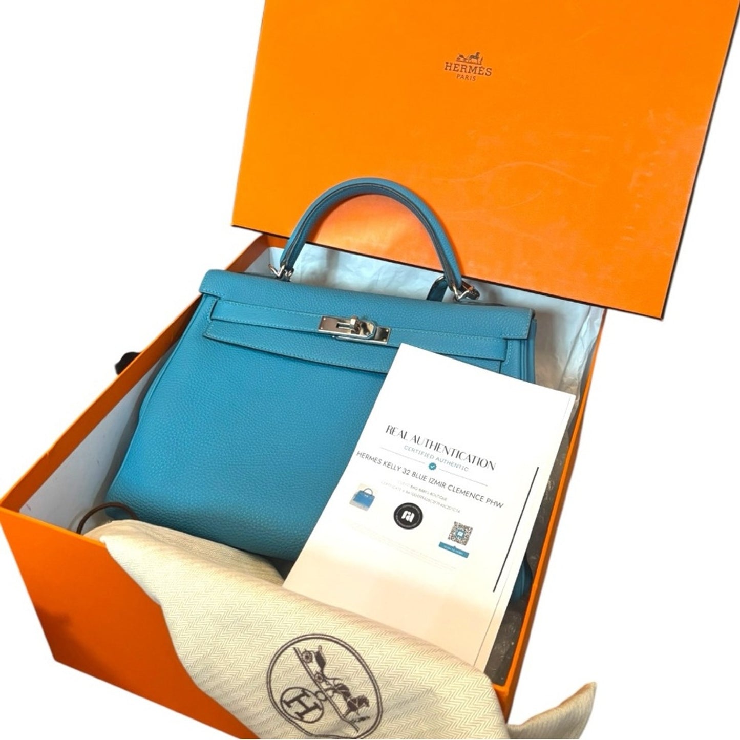 HERMES KELLY Retourne Togo 32 Blue Jean with Palladium Hardware EUC