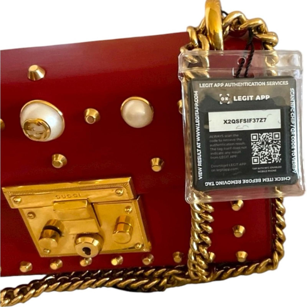 Gucci Padlock Studded Leather Shoulder Bag Red with Faux Pearls