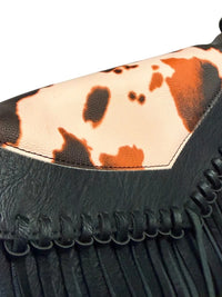 Western Cow Print Fringe Crossbody Bag Black Orange Brown Boho