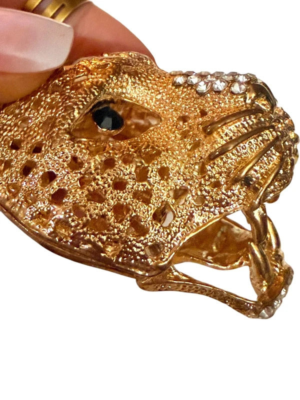 Gold Tone Rhinestone Leopard Cat Keychain Bag Charm
