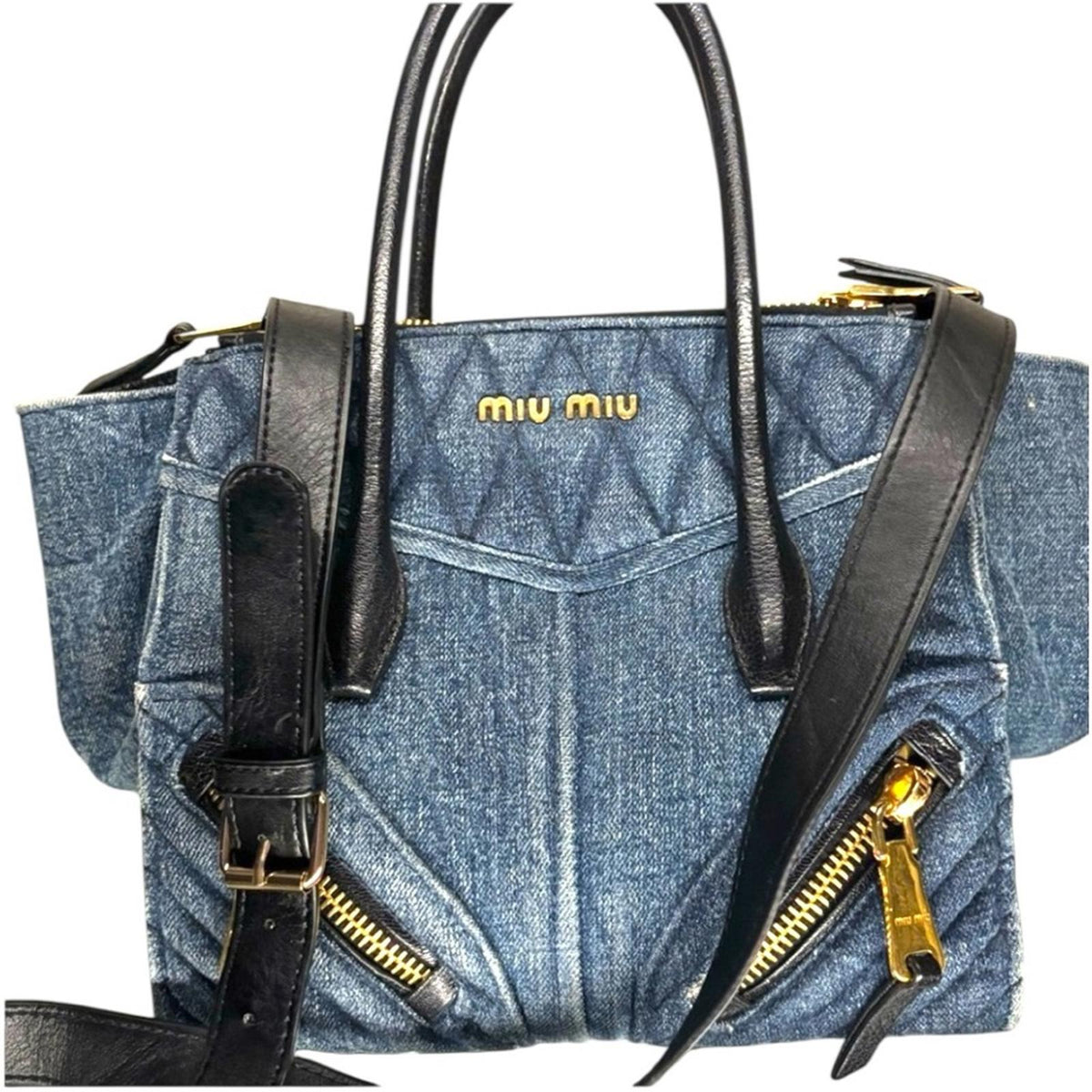Miu Miu Quilted Denim & Black Leather Tote Satchel