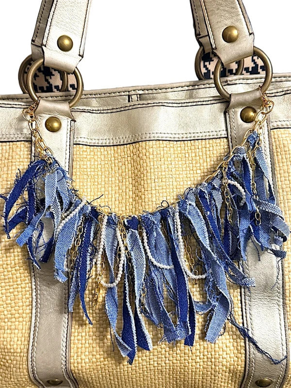 Boho Denim Purse Chain Charm Gold Pearl Fringe