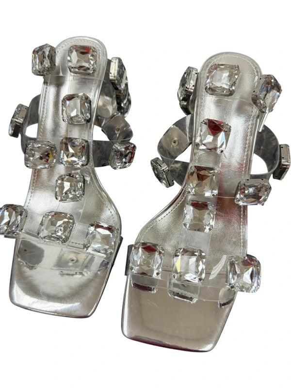 Women’s Silver Rhinestone Crystal Clear Strap Heeled Sandals Glam Shoes Size 6.5