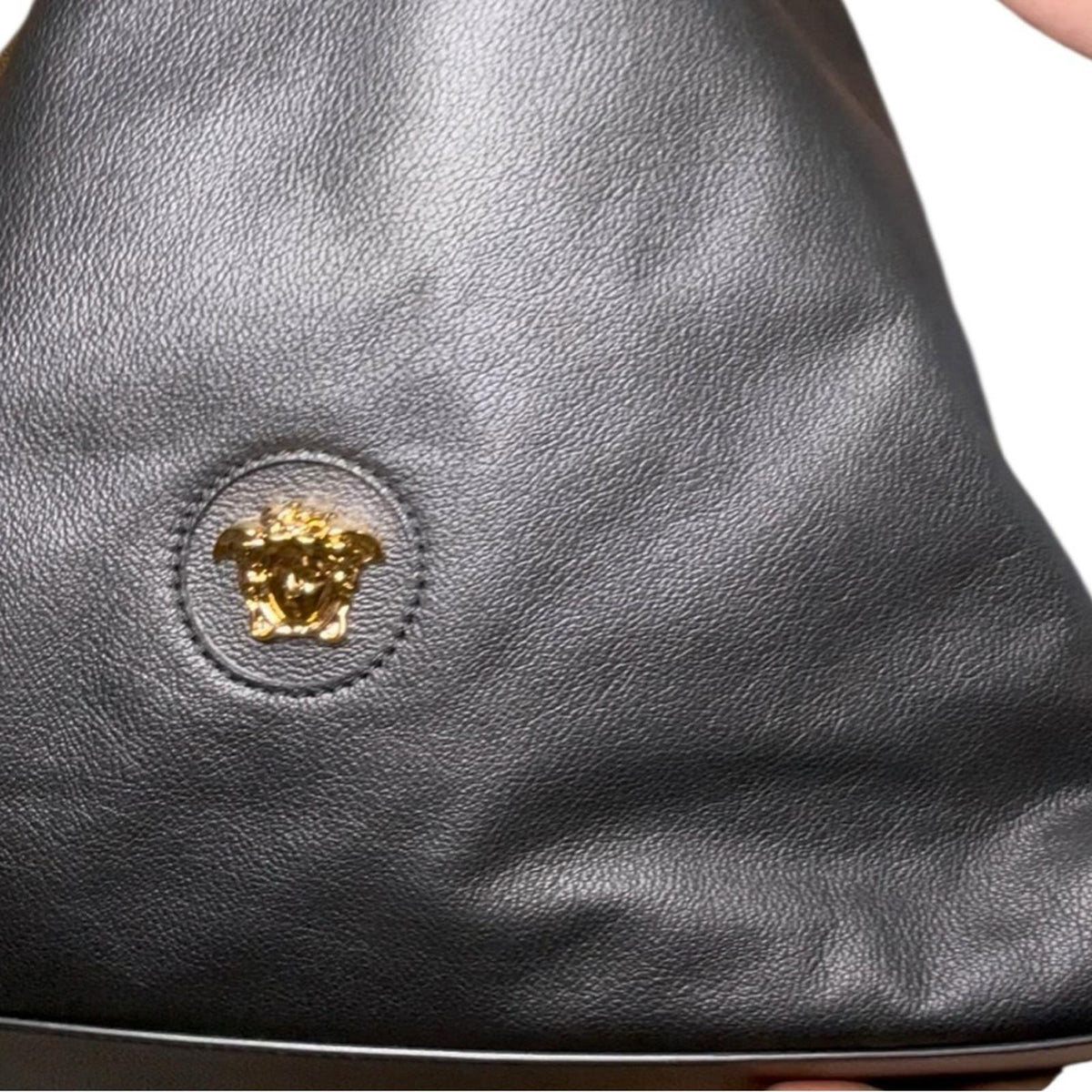 Versace Black 100% Pebbled Leather Large Hobo Shoulder Tote Bag NWT