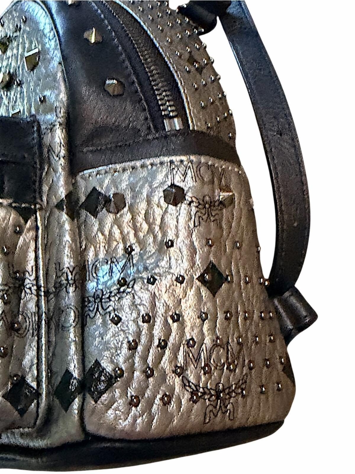 MCM Metallic Silver Studded Mini Backpack with Black Trim