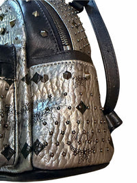 MCM Metallic Silver Studded Mini Backpack with Black Trim