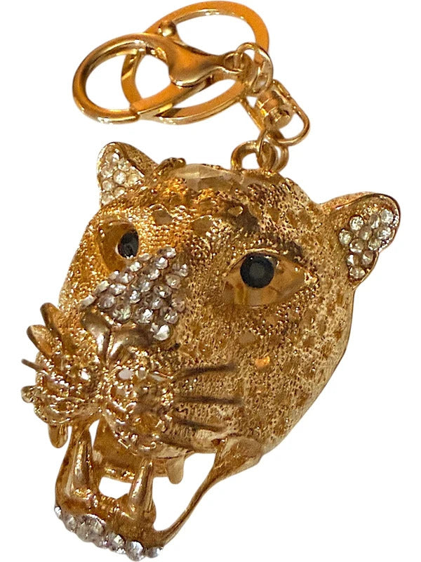Gold Tone Rhinestone Leopard Cat Keychain Bag Charm