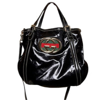 Gucci Coated Canvas and Patent Leather GG Logo Dialux Britt Hobo Bag