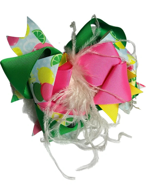 Colorful Lemonade Theme Ribbon Hair Bow and Bead Necklace Set skuQ