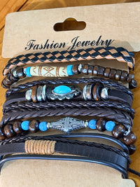 Set of 6 Boho Western Turquoise Faux Leather Bracelet Set Wood Beads Stackable Fashion Jewelry sku003